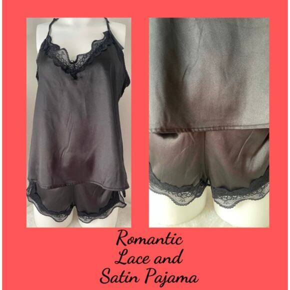 BEWICKED SZ L black satin lace trim cami 2 piece short sleep pajama set NWT 0B1 - Picture 2 of 11